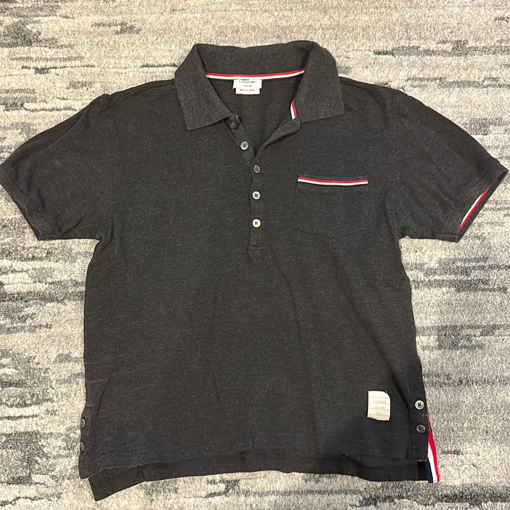 Thom Browne Men’s dark grey pique RWB pocket trim polo size 1